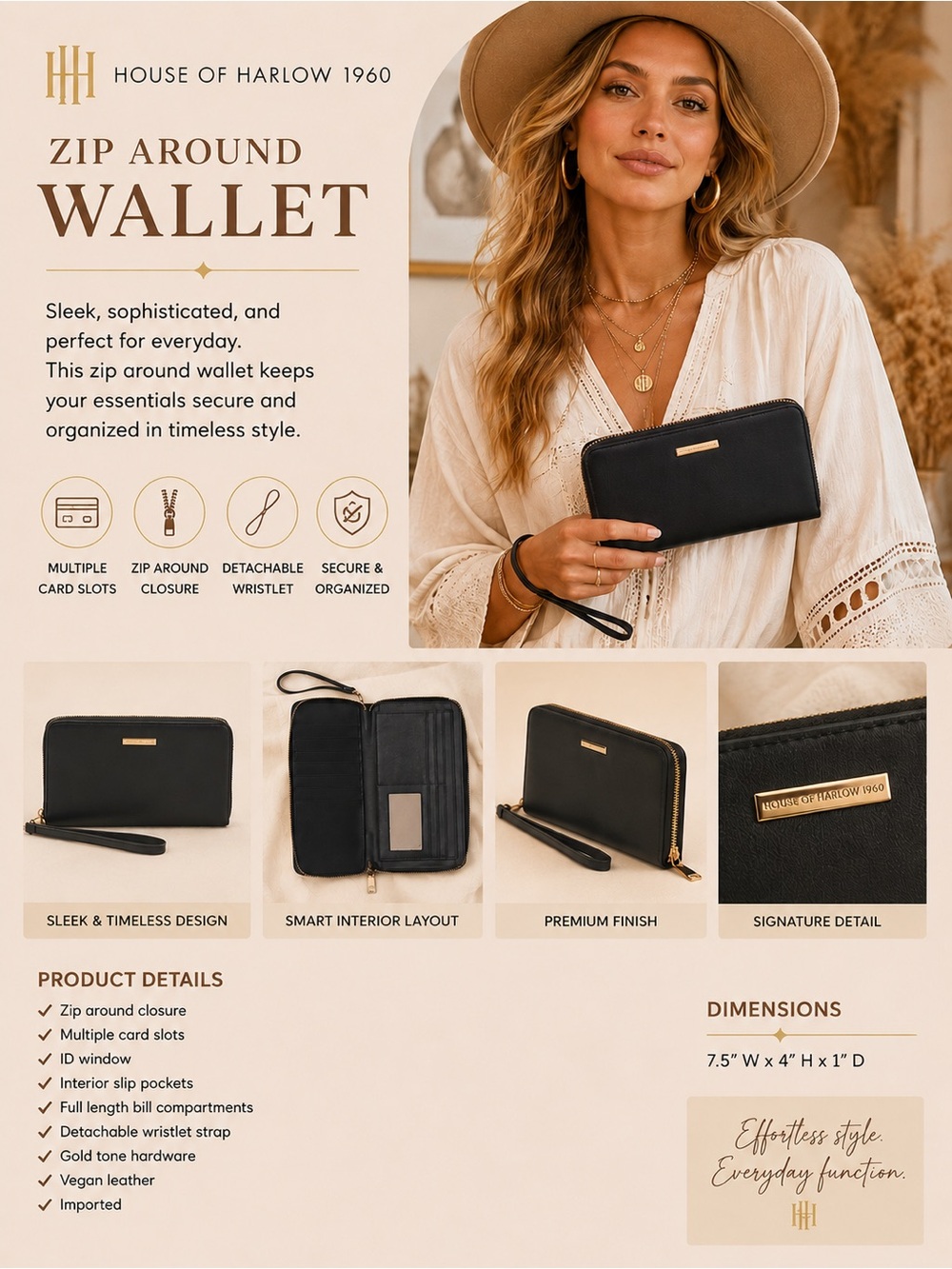 NWT House of Harlow 1960 Black Zip-Around Wristlet Wallet